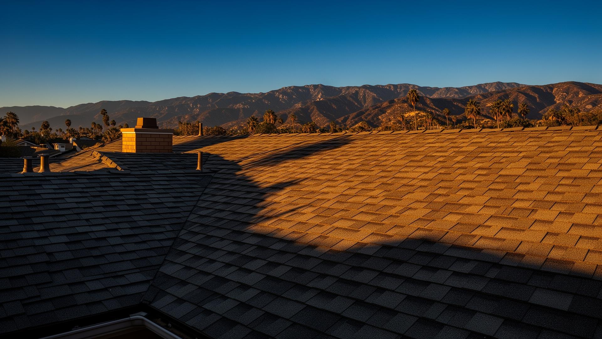 Freshly installed roof at golden hour with mountain backdrop